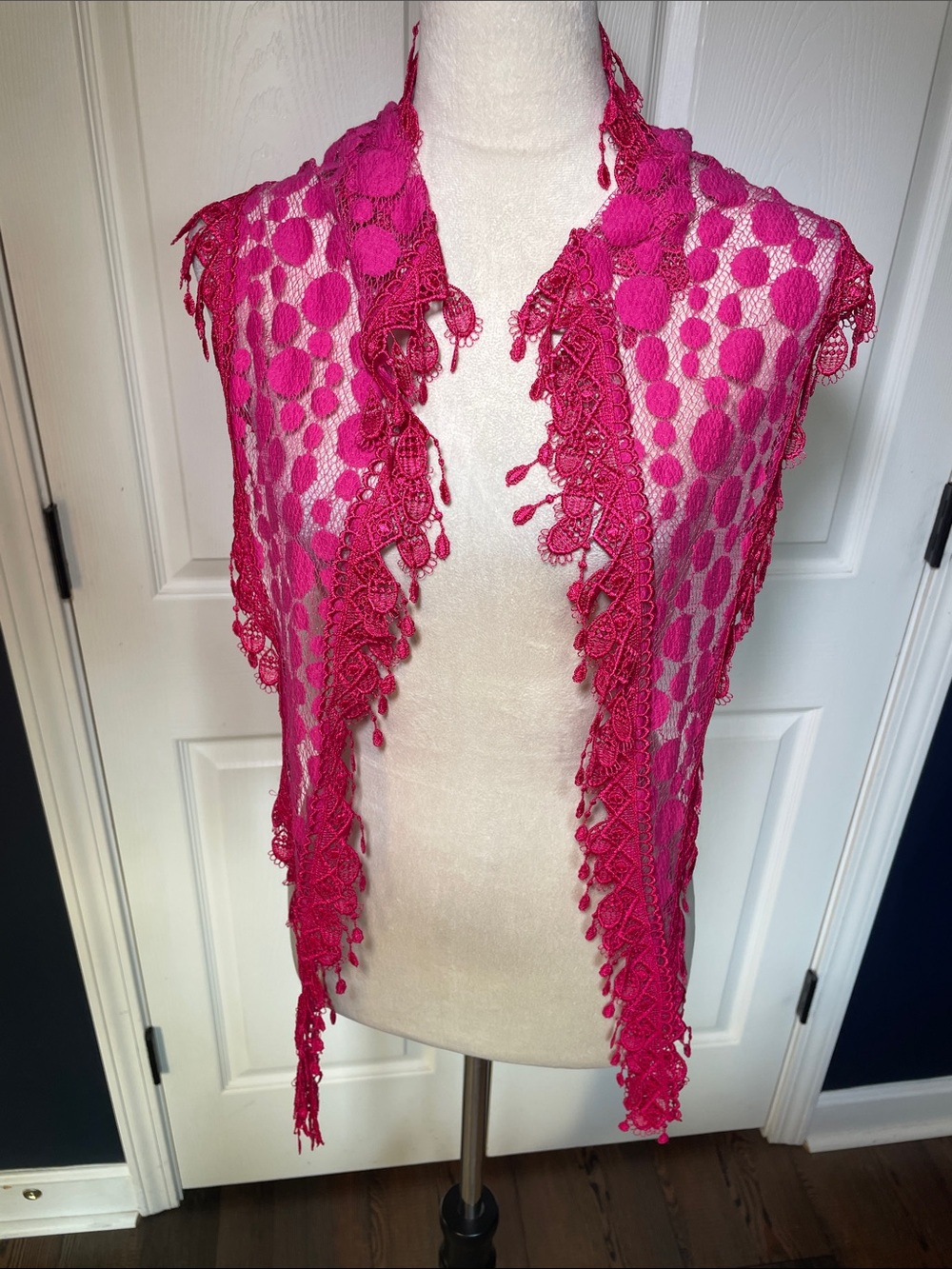 Vintage Fuchsia Lace Shawl Scarf with Droplet Fringe Trim 68”